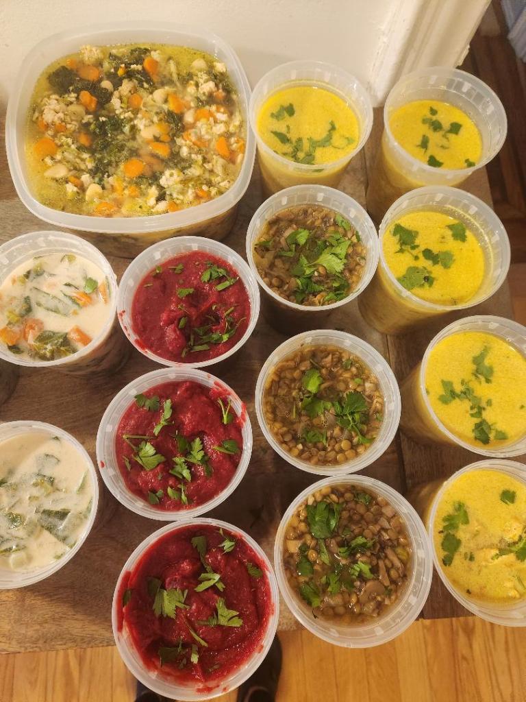 four soups lined up for postpartum food delivery